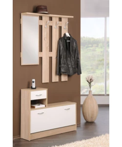MOBILE DA INGRESSO CON SPECCHIO E APPENDIABITI BIANCO E QUERCIA, 100X25X180 CM