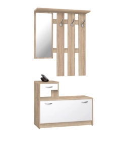 MOBILE DA INGRESSO CON SPECCHIO E APPENDIABITI BIANCO E QUERCIA, 100X25X180 CM