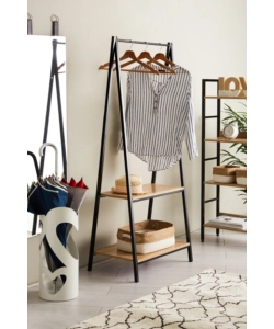 STENDER APPENDIABITI IN METALLO NERO E LEGNO CON 2 RIPIANI, 64X40X150 CM