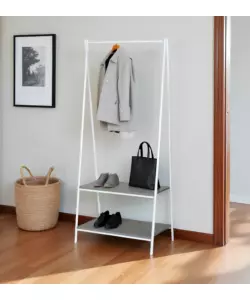 MOBILE DA INGRESSO CON DUE RIPIANI IN METALLO EFFETTO CEMENTO E BIANCO 60X40X150 CM