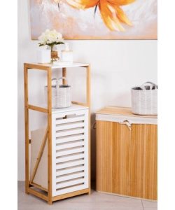 MOBILE BAGNO CON CESTO PORTA BIANCHERIA BIANCO E LEGNO, 36X33X98 CM
