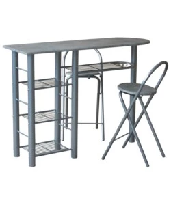 BANCO CUCINA CON DUE SGABELLI IN METALLO GRIGIO E LEGNO, 120X40X88 CM