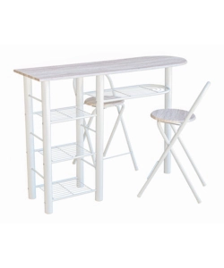 BANCO CUCINA CON DUE SGABELLI IN METALLO BIANCO E LEGNO, 120X40X88 CM
