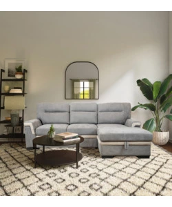 DIVANO LETTO ANGOLARE "ERIKA" IN TESSUTO GRIGIO CON PENISOLA A DESTRA, 254X92/165X102 CM