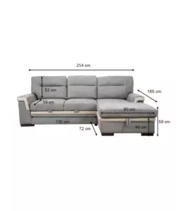 DIVANO LETTO ANGOLARE "ERIKA" IN TESSUTO GRIGIO CON PENISOLA A DESTRA, 254X92/165X102 CM
