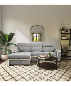 DIVANO LETTO ANGOLARE "ERIKA" IN TESSUTO GRIGIO CON PENISOLA A SINISTRA, 254X92/165X102 CM