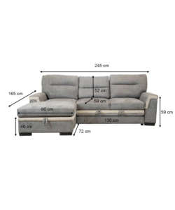 DIVANO LETTO ANGOLARE "ERIKA" IN TESSUTO GRIGIO CON PENISOLA A SINISTRA, 254X92/165X102 CM