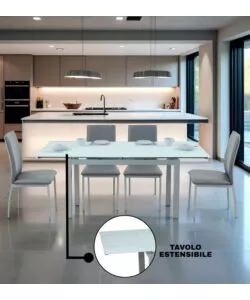 SET PRANZO BELLAHOME "MINORCA" GRIGIO CON TAVOLO ESTENSIBILE IN VETRO 4 SEDUTE