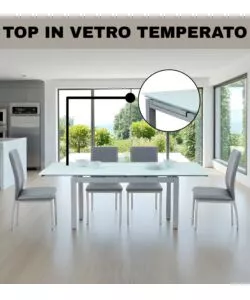 SET PRANZO BELLAHOME "MINORCA" GRIGIO CON TAVOLO ESTENSIBILE IN VETRO 4 SEDUTE