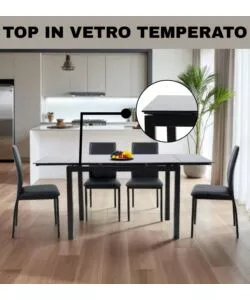 SET PRANZO BELLAHOME "MINORCA" NERO CON TAVOLO ESTENSIBILE IN VETRO 4 SEDUTE