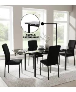 Set pranzo BellaHome "Minorca" nero con tavolo estensibile in vetro 4 sedute