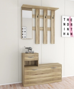 MOBILE DA INGRESSO CON SPECCHIO E APPENDIABITI QUERCIA, 100X25X180 CM