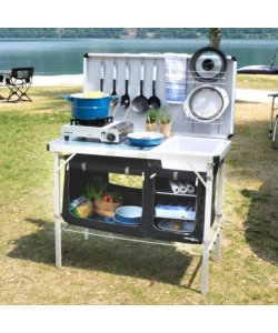 CUCINA DA CAMPEGGIO PIEGHEVOLE CON LAVELLO BRUNNER "DRIVE IN BLACK" IN ACCIAIO E POLIESTERE NERO 2 SCOMPARTI 100X50X78/128,5 CM