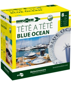 SET 8 STOVIGLIE DA CAMPEGGIO BRUNNER "BLUE OCEAN" IN MELAMINA ANTISCIVOLO