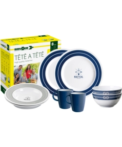 SET 8 STOVIGLIE DA CAMPEGGIO BRUNNER "NAUTICAL" IN MELAMINA ANTISCIVOLO