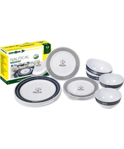 SET 12 STOVIGLIE DA CAMPEGGIO BRUNNER "NAUTICAL" IN MELAMINA ANTISCIVOLO