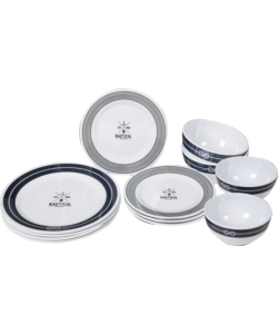 SET 12 STOVIGLIE DA CAMPEGGIO BRUNNER "NAUTICAL" IN MELAMINA ANTISCIVOLO
