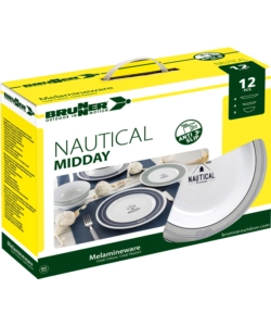 SET 12 STOVIGLIE DA CAMPEGGIO BRUNNER "NAUTICAL" IN MELAMINA ANTISCIVOLO