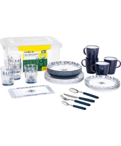 SET 36 STOVIGLIE DA CAMPEGGIO BRUNNER "BLUE OCEAN" IN MELAMINA ANTISCIVOLO