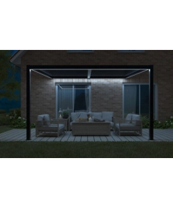 PERGOLA BIOCLIMATICA ADDOSSATA RIVIERA "CALICANTUS WALL" IN ALLUMINIO ANTRACITE CON LED 400X300X230/245 CM