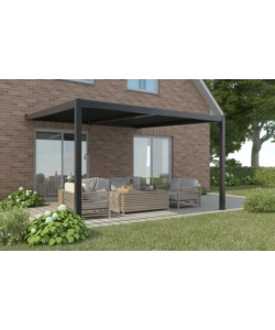 PERGOLA BIOCLIMATICA ADDOSSATA RIVIERA "CALICANTUS WALL" IN ALLUMINIO ANTRACITE CON LED 400X300X230/245 CM
