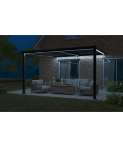 PERGOLA BIOCLIMATICA ADDOSSATA RIVIERA "CALICANTUS WALL" IN ALLUMINIO ANTRACITE CON LED 400X300X230/245 CM