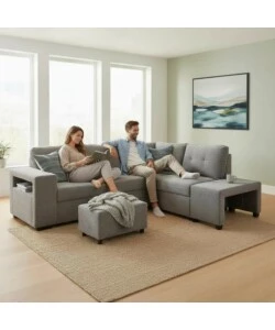 DIVANO LETTO CON PENISOLA A DESTRA BELLAHOME "GAIA" TESSUTO GRIGIO CON POUF E CONTENITORI, 254X83/194X88 CM