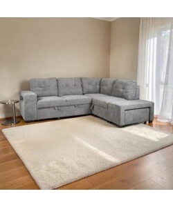 DIVANO LETTO CON PENISOLA A DESTRA BELLAHOME "GAIA" TESSUTO GRIGIO CON POUF E CONTENITORI, 254X83/194X88 CM