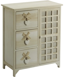 CASSETTIERA ARMONIA "WHITE WASHED" 3 CASSETTI CUORE E FIOCCHI IN LEGNO DI PAULOWNIA 62X32X73 CM