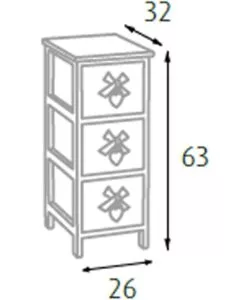 CASSETTIERA ARMONIA "WHITE WASHED" 3 CASSETTI CUORE E FIOCCHI IN LEGNO DI PAULOWNIA 26X32X63 CM