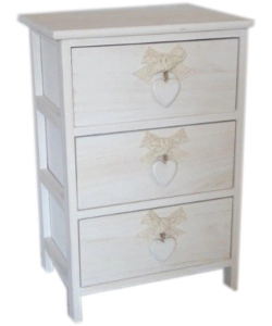 CASSETTIERA ARMONIA "WHITE WASHED" 3 CASSETTI CUORE E FIOCCHI IN LEGNO DI PAULOWNIA 40X29X58 CM
