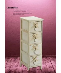 CASSETTIERA ARMONIA "WHITE WASHED" 4 CASSETTI CUORE E FIOCCHI IN LEGNO DI PAULOWNIA 26X32X63 CM
