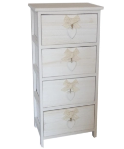 CASSETTIERA ARMONIA "WHITE WASHED" 4 CASSETTI CUORE E FIOCCHI IN LEGNO DI PAULOWNIA 26X32X63 CM