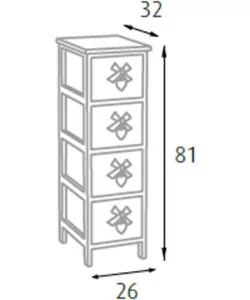 CASSETTIERA ARMONIA "WHITE WASHED" 4 CASSETTI CUORE E FIOCCHI IN LEGNO DI PAULOWNIA 26X32X63 CM