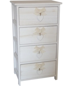 CASSETTIERA ARMONIA "WHITE WASHED" 4 CASSETTI CUORE E FIOCCHI IN LEGNO DI PAULOWNIA 40X29X73 CM
