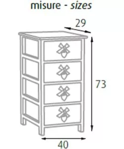 CASSETTIERA ARMONIA "WHITE WASHED" 4 CASSETTI CUORE E FIOCCHI IN LEGNO DI PAULOWNIA 40X29X73 CM