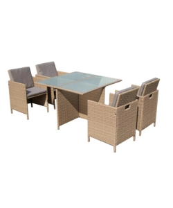 SET DA GIARINO "ARENA" COLORE MARRONE CON 4 POLTRONE E TAVOLO CON TOP IN VETRO