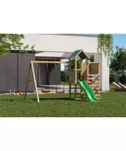 GIOCO PER BAMBINI DA ESTERNO IN LEGNO FUNGOO "CHESTER" CON TORRETTA, SCIVOLO E ALTALENA DOPPIA, 310X336X245 CM