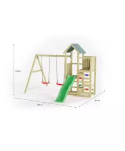 GIOCO PER BAMBINI DA ESTERNO IN LEGNO FUNGOO "CHESTER" CON TORRETTA, SCIVOLO E ALTALENA DOPPIA, 310X336X245 CM