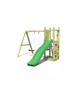 GIOCO DA ESTERNO PER BAMBINI IN LEGNO FUNGOO "FUNNY 3 DOUBLE SWING" CON TORRETTA SCOPERTA, SCIVOLO E ALTALENA DOPPIA, 345X284X210 CM