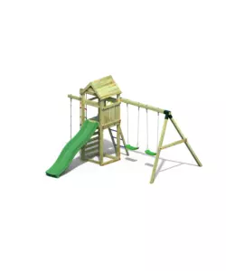 GIOCO PER BAMBINI DA ESTERNO IN LEGNO FUNGOO "GAIA" CON TORRETTA CON SCIVOLO, ALTALENA DOPPIA E CORDE, 382X381X252 CM