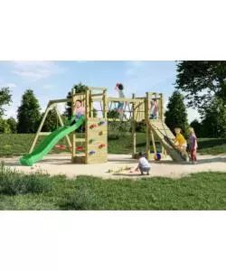 GIOCO PER BAMBINI DA ESTERNO IN LEGNO FUNGOO "MAXI FUNNY EXPOSURE" CON SCIVOLO, TORRETTA, PONTE E ALTALENA, 525X398X210 CM