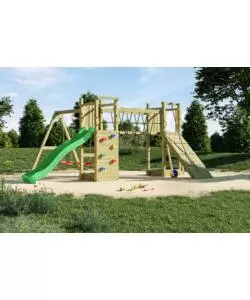GIOCO PER BAMBINI DA ESTERNO IN LEGNO FUNGOO "MAXI FUNNY EXPOSURE" CON SCIVOLO, TORRETTA, PONTE E ALTALENA, 525X398X210 CM