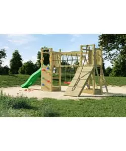 GIOCO PER BAMBINI DA ESTERNO IN LEGNO FUNGOO "MAXI FUNNY EXPOSURE" CON SCIVOLO, TORRETTA, PONTE E ALTALENA, 525X398X210 CM