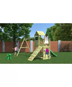 GIOCO PER BAMBINI DA ESTERNO IN LEGNO FUNGOO "FLOPPI TORRETTA" CON TORRETTA SCIVOLO E ALTALENA DOPPIA, 379X396X277 CM