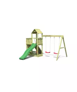 GIOCO PER BAMBINI DA ESTERNO IN LEGNO FUNGOO "FLOPPI TORRETTA" CON TORRETTA SCIVOLO E ALTALENA DOPPIA, 379X396X277 CM