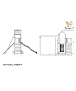 GIOCO PER BAMBINI DA ESTERNO IN LEGNO FUNGOO "FLOPPI TORRETTA" CON TORRETTA SCIVOLO E ALTALENA DOPPIA, 379X396X277 CM