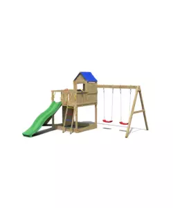 GIOCO PER BAMBINI DA ESTERNO IN LEGNO "TREEHOUSE" CON CASETTA APERTA SOSPESA, SCIVOLO E ALTALENA DOPPIA, 443X501X272 CM