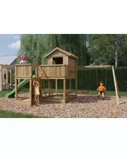 GIOCO PER BAMBINI DA ESTERNO FUNGOO "PLUTO" CON CASETTA CON FINESTRA, ALTALENA DOPPIA E SCIVOLO, 558X301X280 CM
