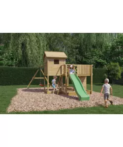 GIOCO PER BAMBINI DA ESTERNO FUNGOO "PLUTO" CON CASETTA CON FINESTRA, ALTALENA DOPPIA E SCIVOLO, 558X301X280 CM